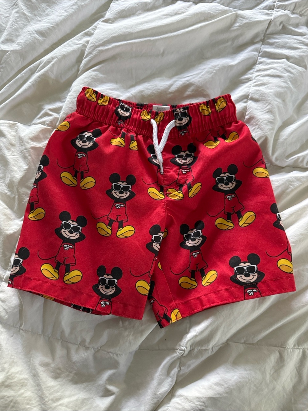 Disney Red Mickey Mouse Print Swim Trunks with Yellow Accents